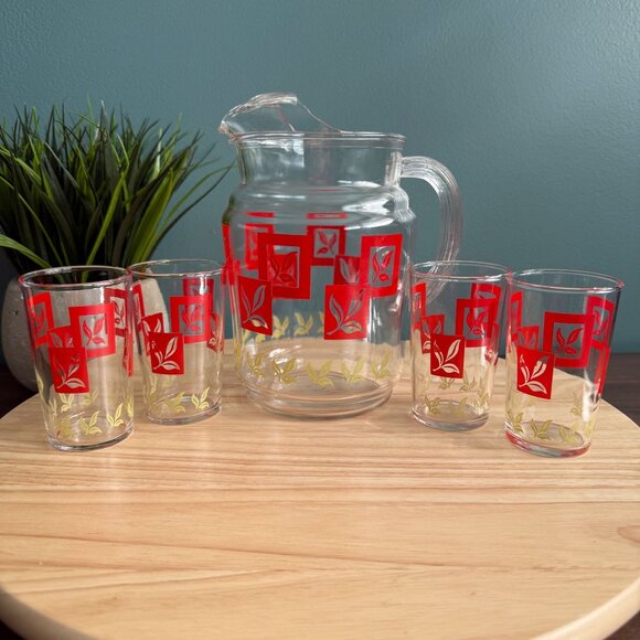 Federal Glass Co Set Juice Pitcher and Glasses Art Deco Red Yellow Mid Century - Picture 1 of 16